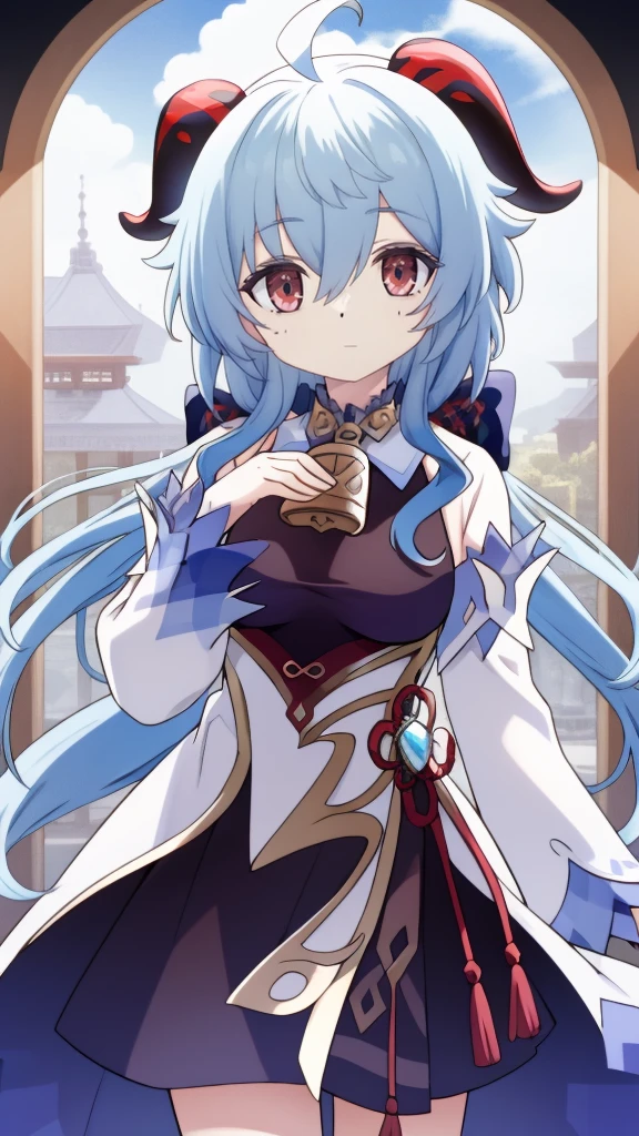 1 girl, solo, Ganyu (Genshin), chest, horns, long hair, blue hair, ahoge, looking at camera, holding, blushing, bangs, absolute territory, purple eyes, medium breasts, goat horns,, very long hair , standing, closed mouth, , side lock, cowboy shot, fluffy, red eyes, hair between the eyes, (colorful cloud background blur) 1.2, fluffy, soft, ((best quality)), ( Highly detailed, top details, official art, beauty, aesthetics: 1.2), Cute blue idol dress costume,