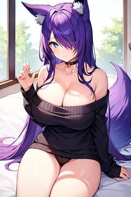 1girl, purple hair, one eye covered, hair over one eye, blue eyes, blue eye, black sweater, sweater, cleavage, large breasts, thick thighs, bed, sittting, waking up, fox ears, fox tail, fur trim, panties