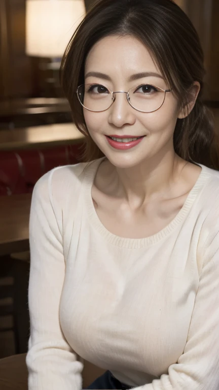 Mature attractive sexy woman,50 years old, Shut,((Big Breasts:1.0)),(Facial wrinkles:1.3),light makeup,Light brown hair、((Tabletop))、Upper Body、A good attitude、((Full body photography:0.85)),8k, RAW Photos, highest quality, Laughter,masterpiece,highest quality、A gentle smile、A gaze that seduces viewers、Scrunchies in a ponytail、Inside the family restaurant、Beige knitwear、denim、Sweaty skin、Silver-rimmed glasses、