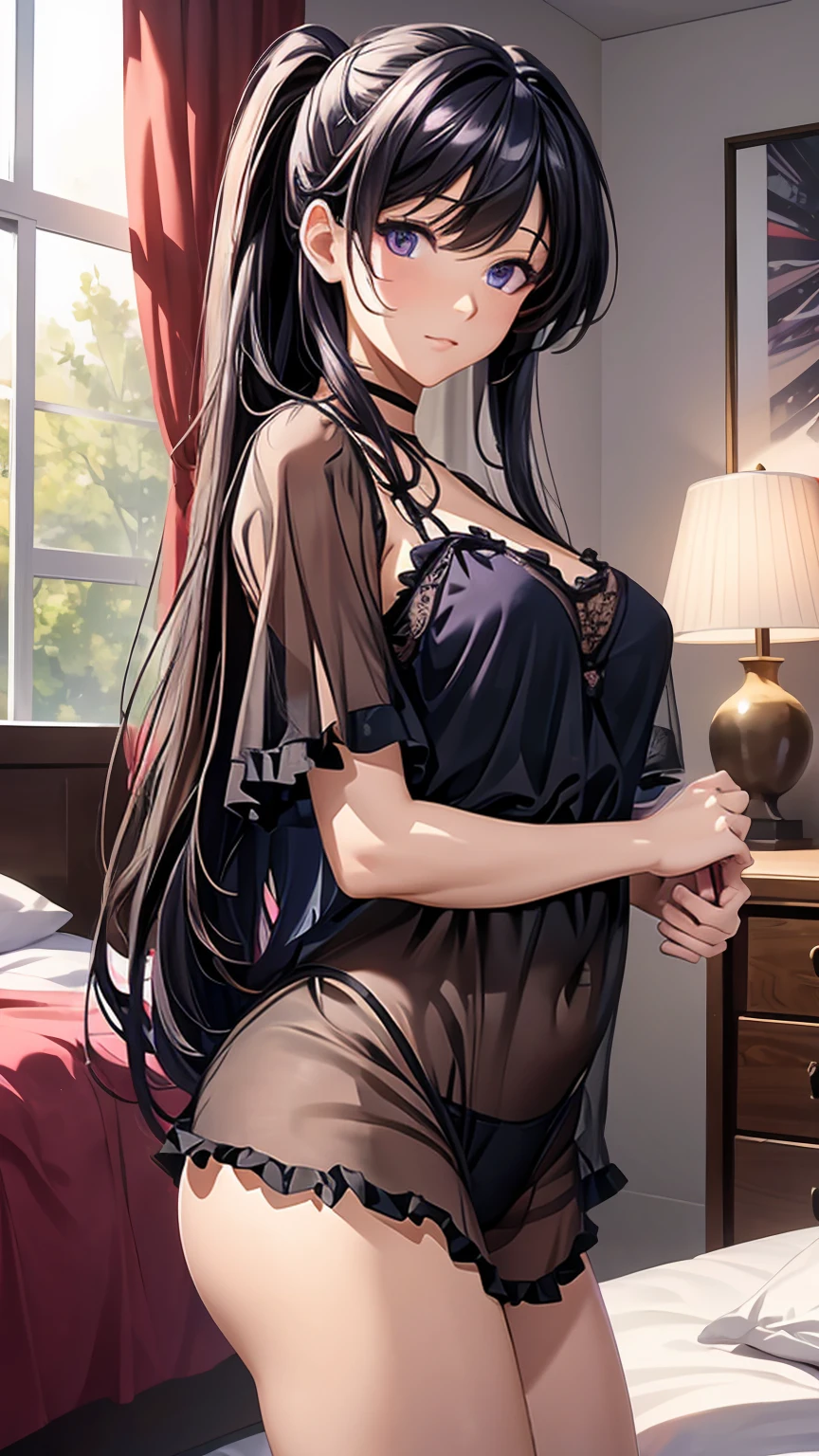((best quality)), ((masterpiece)), (detailed), perfect face, perfect budy, 1girl, black long hair, hours style hair, purple eyes, ((the girl wearing a camisole)), ((red camisole)), ((see-through)), ((frilly camisole)), Showing the front of the girl's body، the girl in middle of bedroom and windows from the hotel show the city in night in background