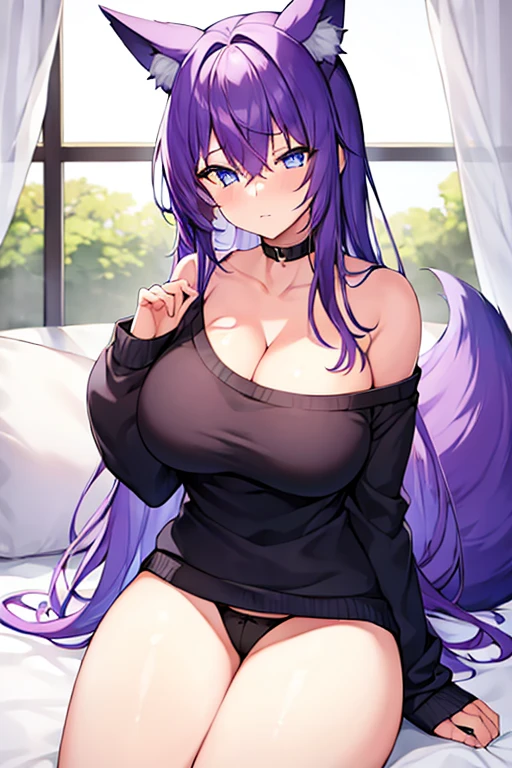 1girl, purple hair, one eye covered, hair over one eye, blue eyes, blue eye, black sweater, sweater, cleavage, large breasts, thick thighs, bed, sittting, waking up, sleepy, fox ears, fox tail, purple trim, panties
