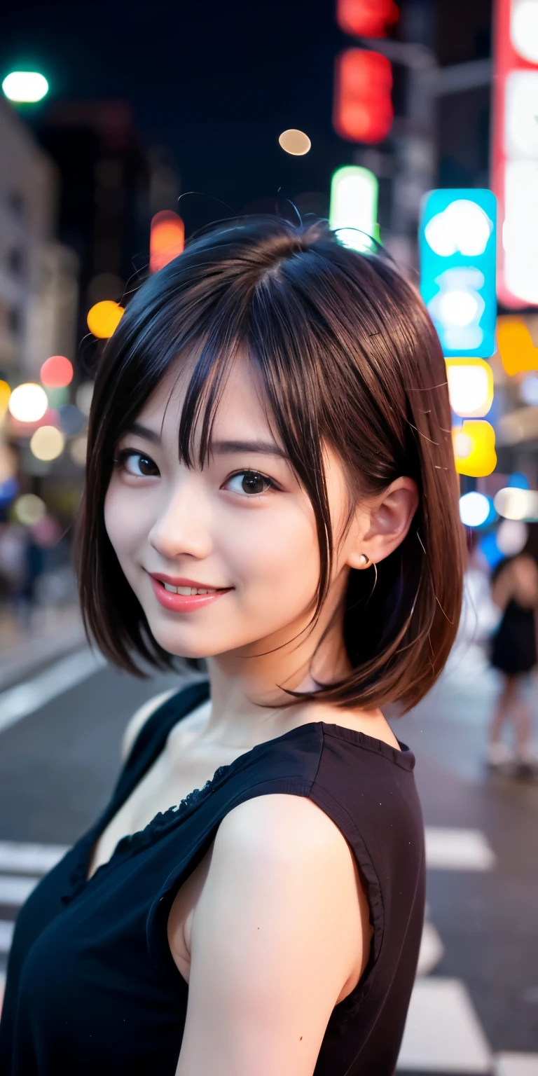1 Girl, Tokyo Street,night, Streetscape,City lights,Upper Body,close,smile,, (8K, Raw photo, highest quality, masterpiece:1.2),(Realistic, photo-Realistic:1.37),