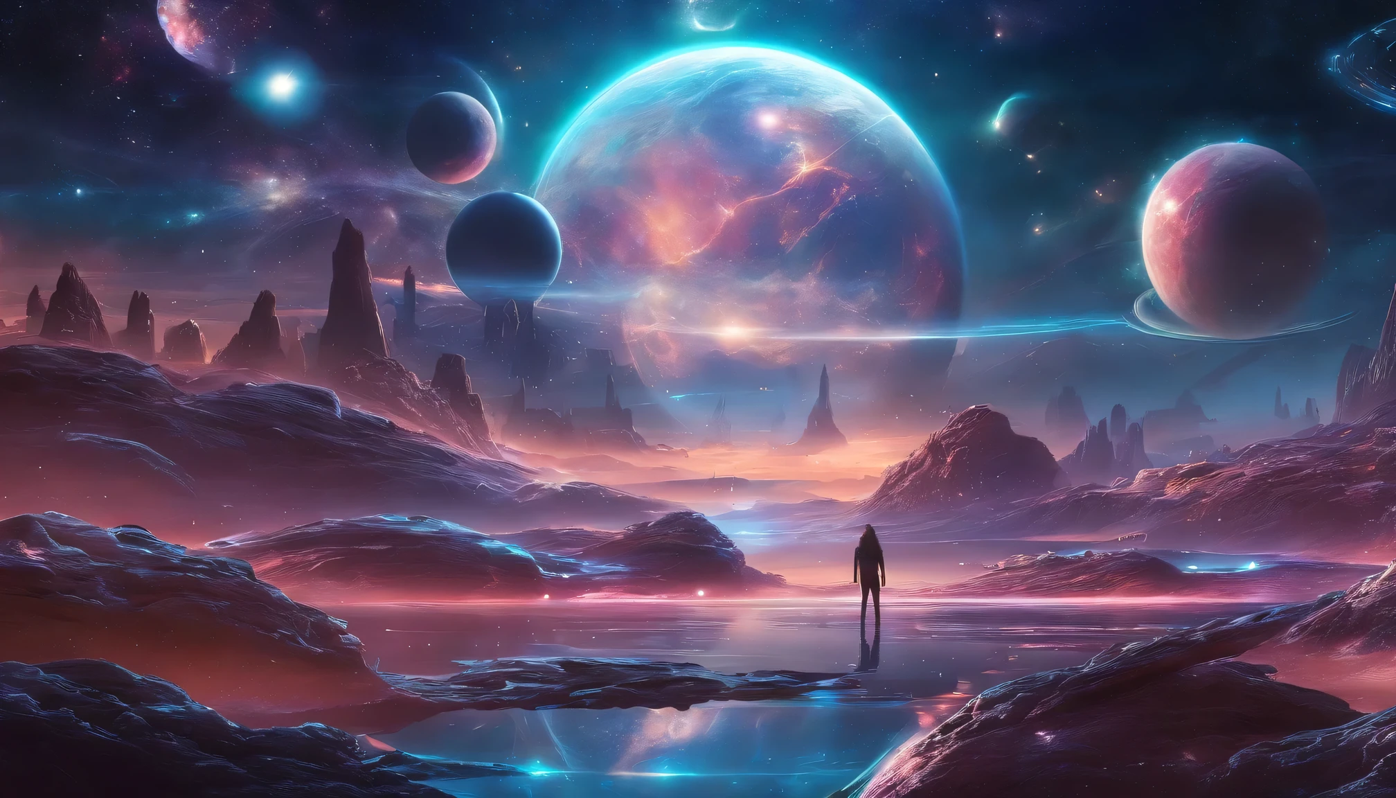 Futuristic Cosmic Landscape, Corpos celestes entre estrelas e planetas, Cena Astral cheia de belos elementos serenos, Imagem HD de alta qualidade 4k Artwork