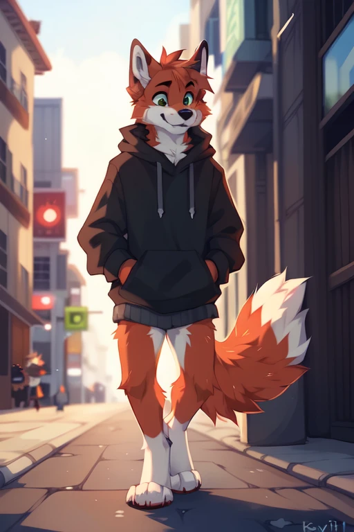 full body，Male，orange fox，Brown paws and ears，Green eyes，Red sweatshirt with grey sleeves，Energetic youth，On the streets of the city，Cool and handsome, ((by keihound, by reysi)), by Zackary911, by hyattlen, by fumiko, by fluff-kevlar, Furry, Anthro