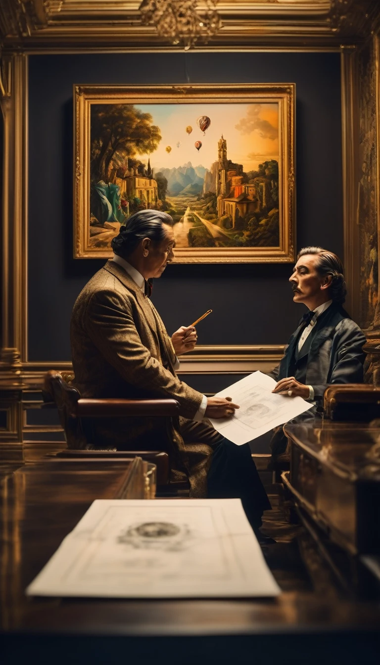 Dali presenting a blank check with a surrealist sketch, background cinematic, hyper realistic, ultra detailed hyper realistic, photorealistic, Studio Lighting, reflections, dynamic pose, Cinematic, historical accuracy, Color Grading, Photography, Shot on 50mm lens, Ultra-Wide Angle, Depth of Field, hyper-detailed, beautifully color, 8k