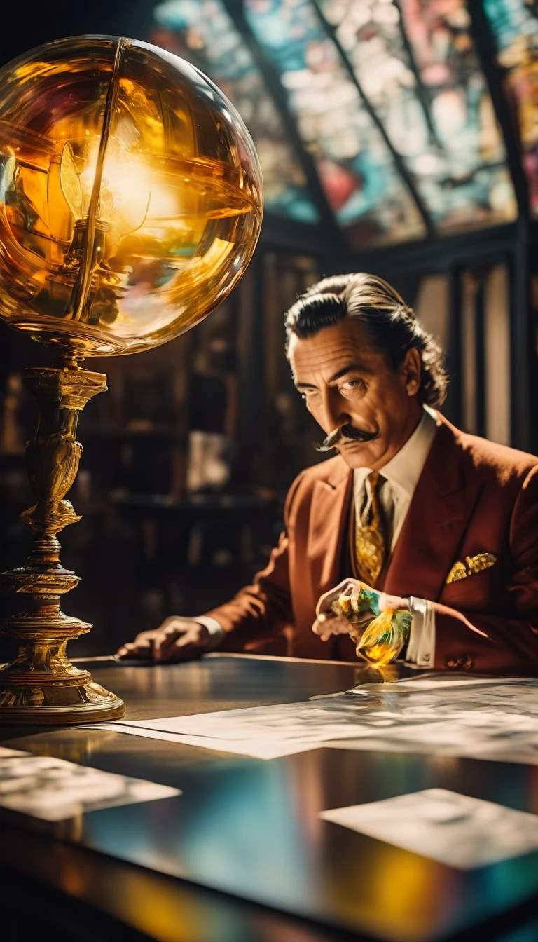 Dali presenting a blank check with a surrealist sketch, background cinematic, hyper realistic, ultra detailed hyper realistic, photorealistic, Studio Lighting, reflections, dynamic pose, Cinematic, historical accuracy, Color Grading, Photography, Shot on 50mm lens, Ultra-Wide Angle, Depth of Field, hyper-detailed, beautifully color, 8k