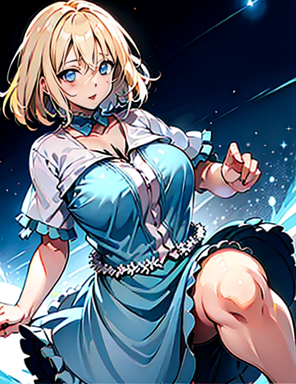 Best Quality, high resolution, 1girl, sajoumanaka, (Huge breasts:1.5), Short hair, blond hair, (t-shirt:1.5), Cowboy Shot, (pose:1.4), boob tent