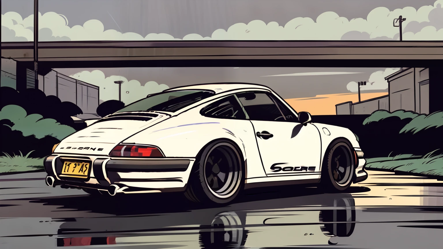 Dark beige Porsche 911 rwb, pop art,  cartoonish style , sketch, detailed illustration, large wheels, wide bodykit ((([Dark grey background]))), under a bridge, green colour, night time, rainy weather