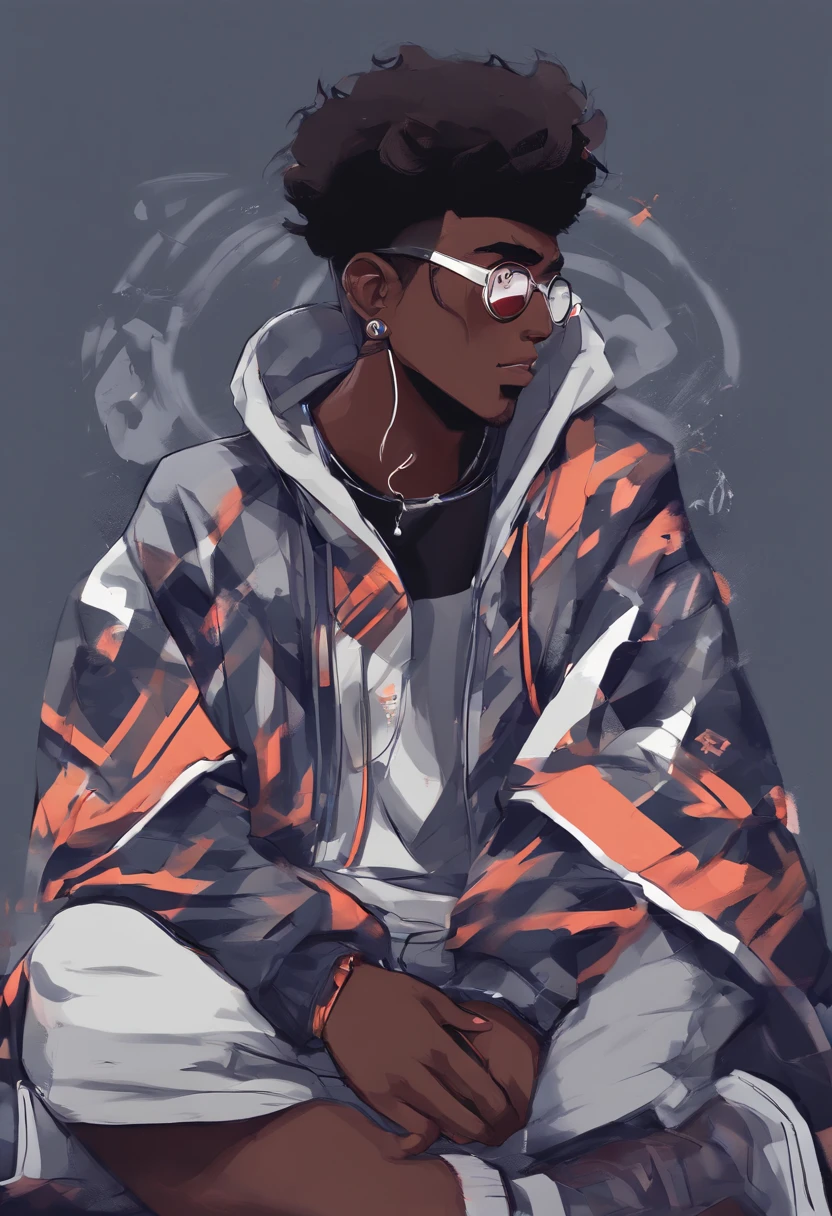 (Best quality, 8k, 32k, Masterpiece, UHD:1.2) dark skin boy with earphones and a hoodie listening to music, young anime man, inspired by Okumura Masanobu, inspired by Okumura Togyu, as an anime character, ear piercings, black camo hoodie, striped shirt