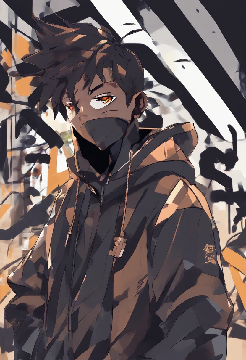 (Best quality, 8k, 32k, Masterpiece, UHD:1.2) dark skin boy with earphones and a hoodie listening to music, young anime man, inspired by Okumura Masanobu, inspired by Okumura Togyu, as an anime character, ear piercings, black camo hoodie, striped shirt