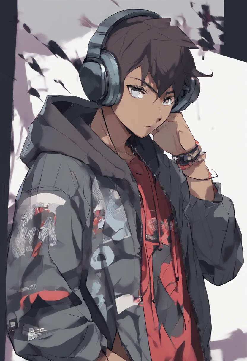 (Best quality, 8k, 32k, Masterpiece, UHD:1.2) dark skin boy with earphones and a hoodie listening to music, young anime man, inspired by Okumura Masanobu, inspired by Okumura Togyu, as an anime character, ear piercings, black camo hoodie, striped shirt