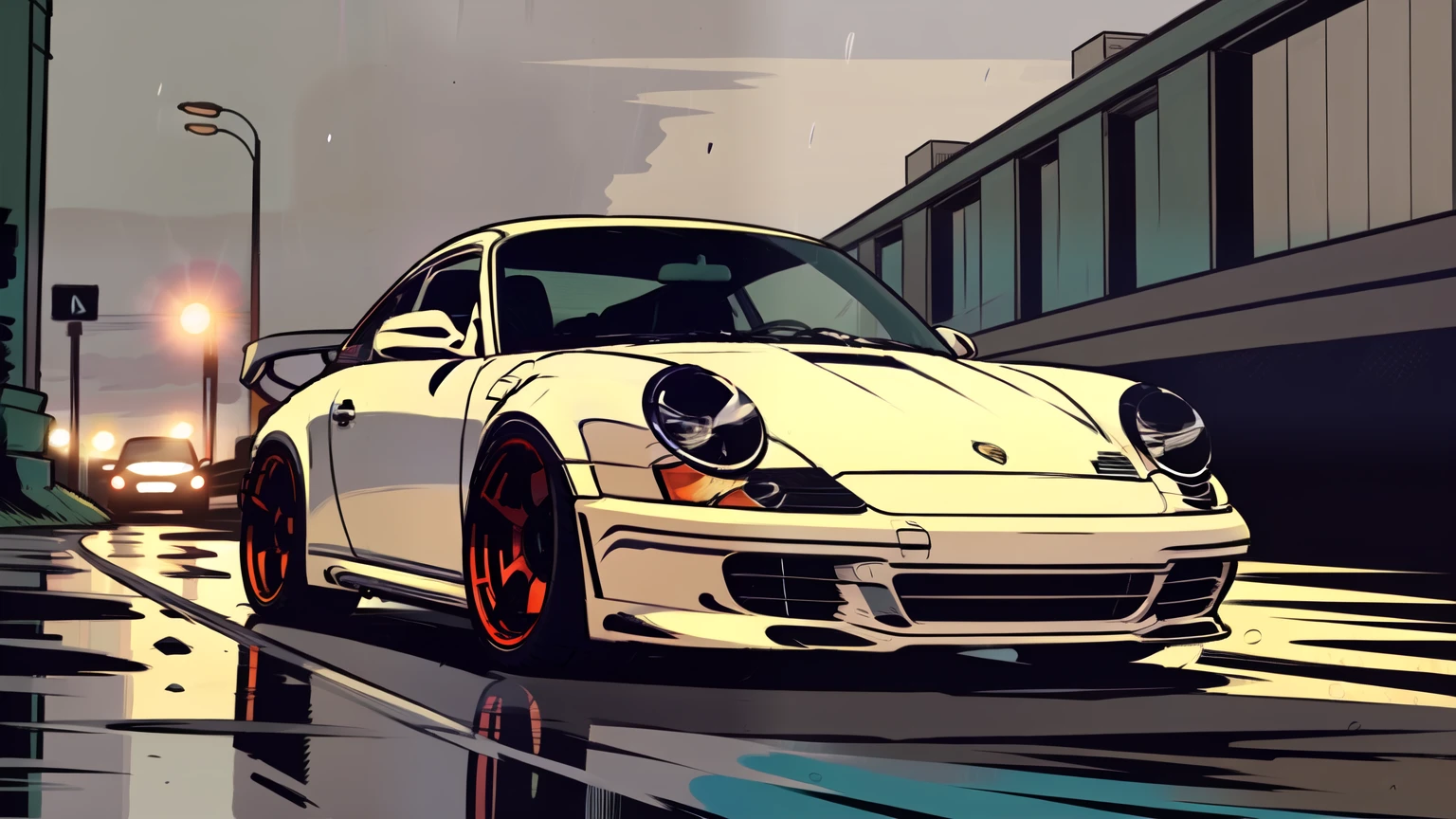 Dark beige Porsche 911 rwb, pop art,  cartoonish style , sketch, detailed illustration, large wheels, wide bodykit ((([Dark grey background]))), under a bridge, green colour, night time, rainy weather