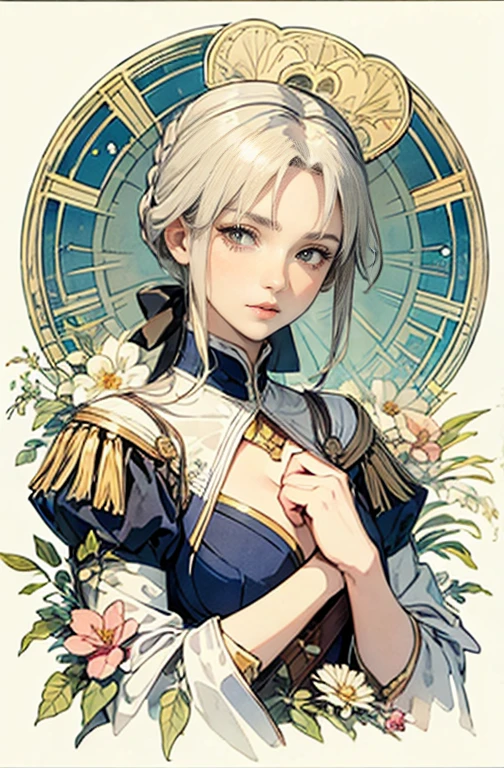 ((master piece)), (best quality), (cinematic),  art nouveau watercolor , Floral_background, Intricate designs and patterns in the style of Alphonse Mucha，Artoria Pendragon，Fate/stay night