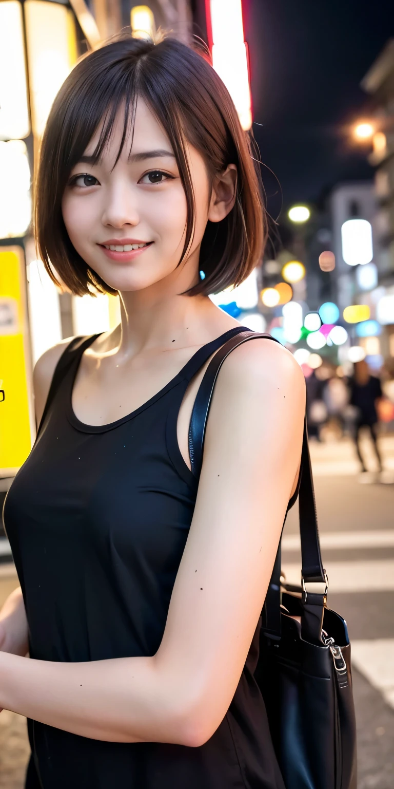 1 Girl, Tokyo Street,night, Streetscape,City lights,Upper Body,close,smile,, (8K, Raw photo, highest quality, masterpiece:1.2),(Realistic, photo-Realistic:1.37),