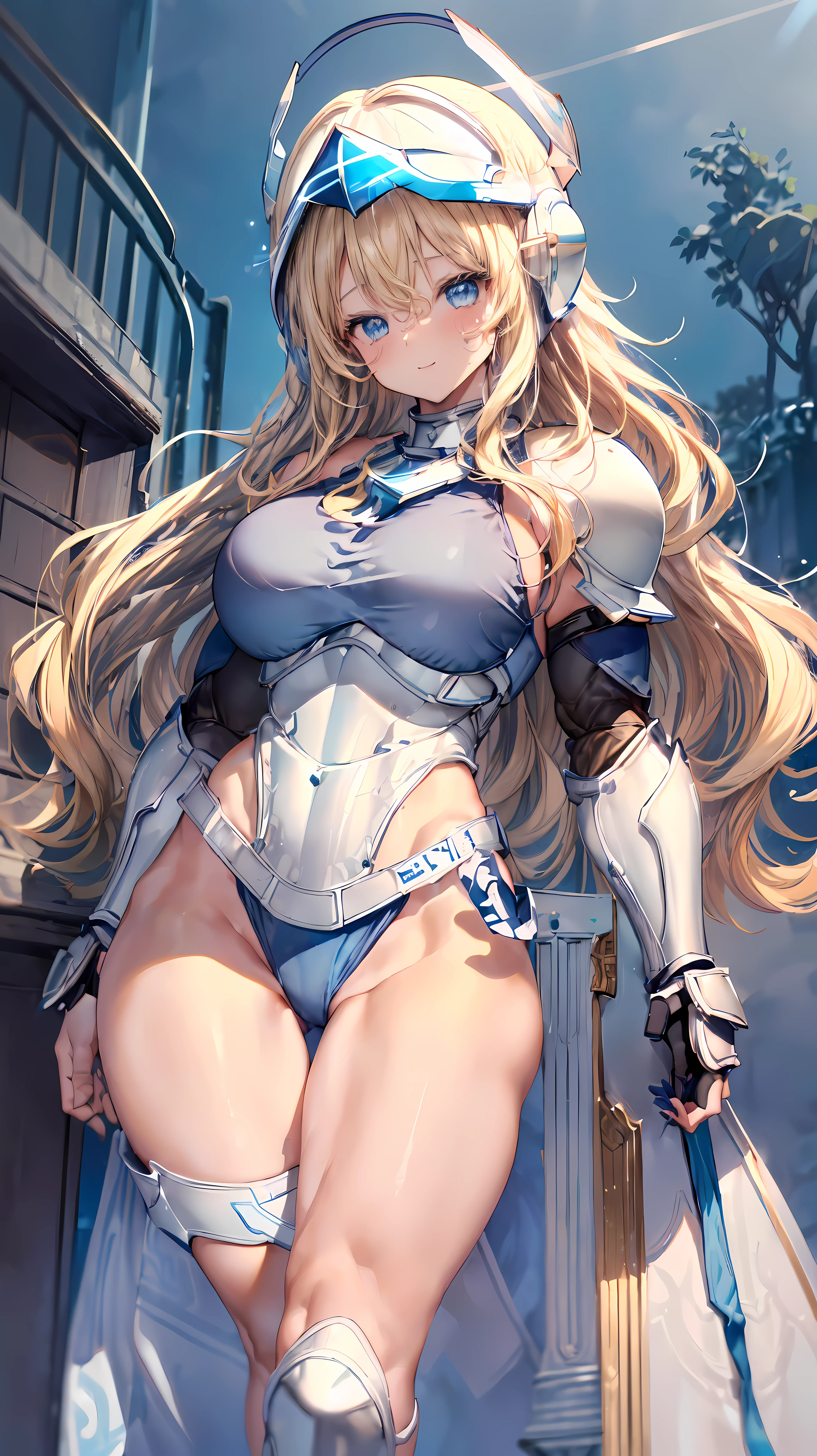 (Adult women:1.5)、Very detailed、highest quality、Best image quality、masterpiece、8k、Anime Face、A kind smile、Open your mouth、Sparkling blue eyes、(Blonde Wavy Hair:1.5)、、Muscles of the whole body、(High leg:1.5)、Thigh belt、(Wearing white bikini armor:1.5)、(Cowboy Shot:1.5)、(Leg armor:1.5)、(Wearing a helmet:1.5)