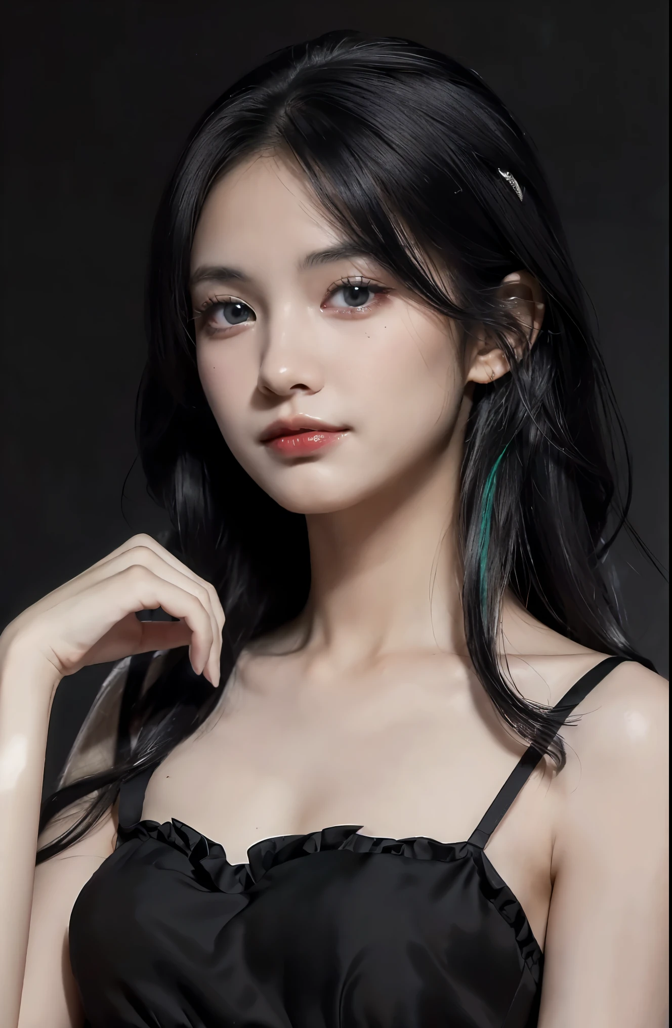 (Ultra Realistic), (Illustration), (Increased Resolution), (8K), (Extremely Detailed), (Best Illustration), (Beautiful and Detailed Eyes), (Best Quality), (Ultra Detailed), (Masterpiece ), ( wallpaper), (detailed face), solo, 1 girl,  25,mature,looking at viewer, fine details, detailed face, in the dark, deep shadows, low key, pureerosfaceace_v1, smiling, long hair, black and white shawl straight hair , 46 points oblique bangs, masterpiece, best quality, 35mm, 8k, absurdres, beautiful girl, (upper body, dark grey background:1.4), (black classical dress, black hair:1.6), slender, dark studio, rim lighting, ultra realistic, highres, photography, film grain, chromatic aberration, depth of field, sharp focus, HDR, facelight, dynamic lighting, cinematic lighting, professional shadow, dark shadow, highest detailed, extreme detailed, ultra detailed, finely detail, real skin, delicate facial features, detailed face and eyes, sharp pupils, realistic pupils, long black hair with bangs, black hair top, white hair undercolor, Split Hair Two Tone , Split Hair Two Tone black and white color hair,black hair, white hair, mix hair color,green eyes, white hair emerald eyes. white hair, platinum hair color.