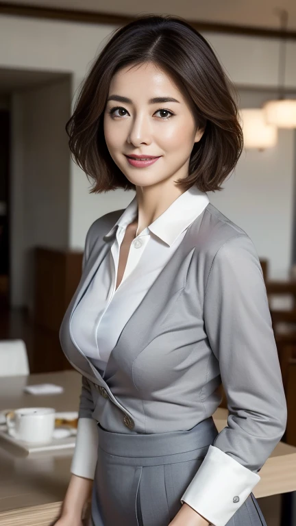 (highest quality,8k,masterpiece),
日本人Mature Woman,40 years,Mature Woman,Pure white skin, ((Tabletop))、
Full breasts:1.1、 ((White collared blouse))、((Grey tailored jacket))、Grey tight skirt、Brown medium hair、
,A gentle smile、A gaze that seduces viewers、Shopping Centre、