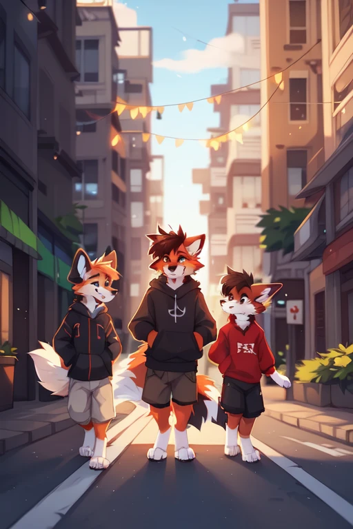 Male，orange fox，Brown paws and ears，Green eyes，Red sweatshirt with grey sleeves，Energetic youth，On the streets of the city, ((by keihound, by reysi)), by Zackary911, by hyattlen, by fumiko, by fluff-kevlar, Furry, Anthro