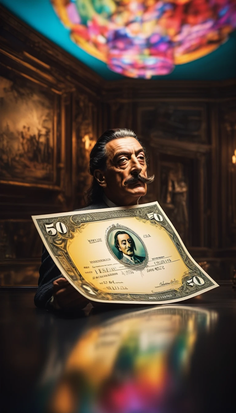 Dali presenting a blank check with a surrealist sketch, background cinematic, hyper realistic, ultra detailed hyper realistic, photorealistic, Studio Lighting, reflections, dynamic pose, Cinematic, historical accuracy, Color Grading, Photography, Shot on 50mm lens, Ultra-Wide Angle, Depth of Field, hyper-detailed, beautifully color, 8k