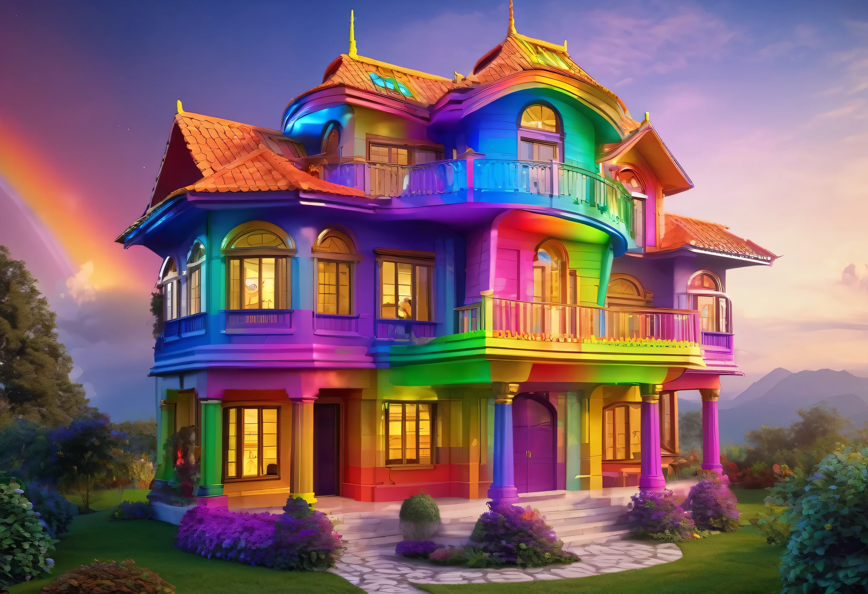Magic house, rainbow color, wonderful, beautiful, 3 floors ((best masterpiece, highest quality, 8K))