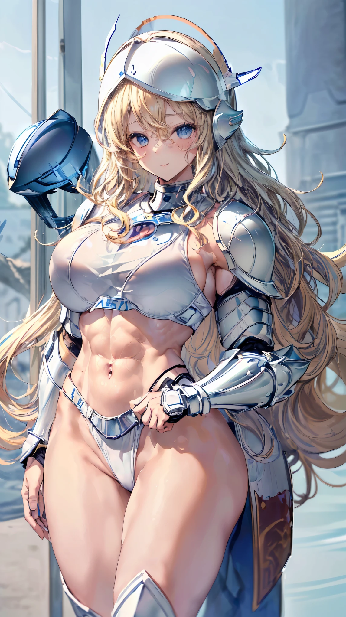 (Adult women:1.5)、Very detailed、highest quality、Best image quality、masterpiece、8k、Anime Face、A kind smile、Open your mouth、Sparkling blue eyes、(Blonde Wavy Hair:1.5)、、Muscles of the whole body、(High leg:1.5)、Thigh belt、(Wearing white bikini armor:1.5)、(Cowboy Shot:1.5)、(Leg armor:1.5)、(Wearing a helmet:1.5)