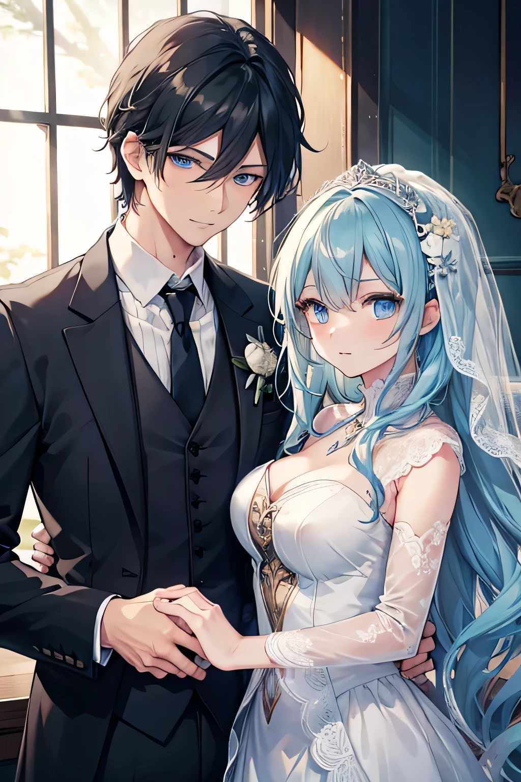1.5, 最high quality, high quality, High resolution, High quality texture, high qualityの影, Attention to detail, Beautiful details, In detail, Highly detailed CG, Detailed Texture, Male , male, Butler, Long white hair, young, loyal, ((Ice blue eyes))and a black-haired woman,Couple,wedding anniversary