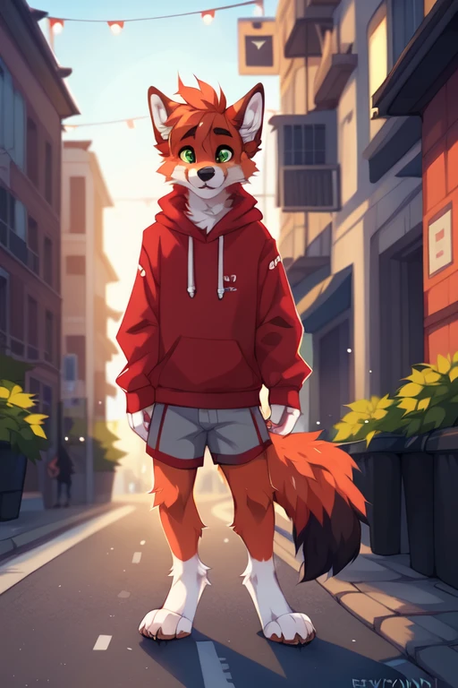 solo,Male,orange fox,Brown paws and ears,Green eyes,Red sweatshirt with grey sleeves,Energetic youth,On the streets of the city, ((by keihound, by reysi)), by Zackary911, by hyattlen, by fumiko, by fluff-kevlar, Furry, Anthro