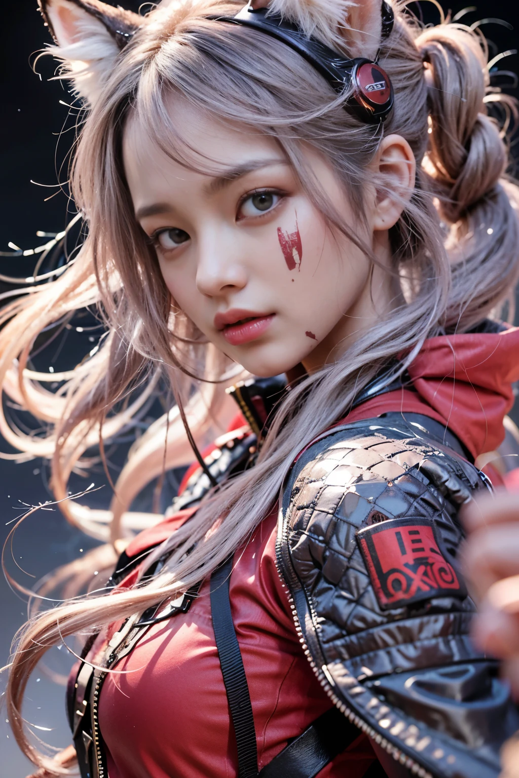 karate, ,( cry), Portrait of a person, Fantasy art, (cyber punk), A girl with fox ears and a fox tail,, Natural light, masterpiece, 1 beautiful girl, Detailed eyes, Swollen eyes, highest quality, A High resolution, Asian Beauties, Very very beautiful, Beautiful skins, Slender, Forward-facing body, (Surreal), (High resolution), (4K), (Very detailed),( Best illustrations), (Beautiful and detailed eyes), (Very detailed), Detailed face, Bright lighting, Professional Lighting, Vision, (lanthanum), ((warrior)),((Long Hair)),((cry)),((Colorful Hair)),((Red color splash)),One girl, (Short pigtails),Colorful Hair,flight, Short skirt,Pink ribbon,((16 year old female model)) ,Psychopath horror, Bloodstained、Drops of blood,( Stand neck long sleeve black jacket),(battlefield),( Dark Sky)