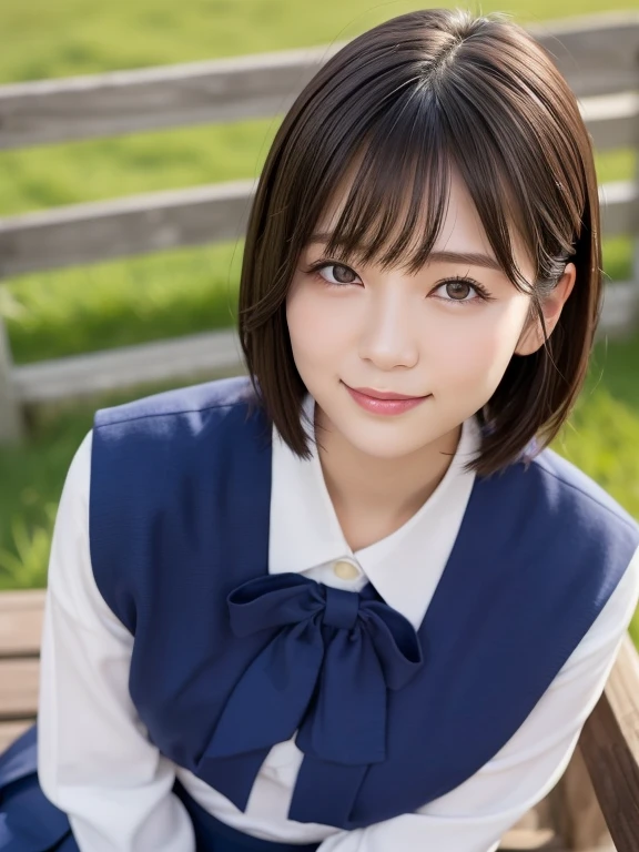 (highest quality:1.5)、(Realistic:1.5)、(1 person:1.5)、(Upper Body:1.5)、Very detailed、High resolution、8k wallpaper、、Small breasts、Natural color lips、Cute Smile、Japanese women、20-year-old girl、Beautiful and elegant face、Perfect and beautiful face、Big eyes、Brunette eyes、Beautiful and elegant face、Natural double eyelids、Natural Bangs、Beautiful thin nose、Beautiful Skin、Chestnut Hair、Medium Bob Hair、Short Hair、Natural Bangs、Perfect and beautiful face、Slim face and figure、(Looking at the camera with a cute expression)、Bright lighting、Professional Lighting、Forward lighting、Cute Smile、Summer blue sky、Grass park on the mountain、Look at the viewers、Sit on a bench、from above、School Sailor Uniform、Navy blue pleated mini skirt、Knee-high socks、Beautiful navel、Open the navel、臍が見えるSchool Sailor Uniformを着ている、High-angle composition、(Staring at the camera with a cute expression)、Bright lighting、Professional Lighting、Forward lighting、Cute Smile、Beautiful feet:1.2、Smooth Skin、Slender body、