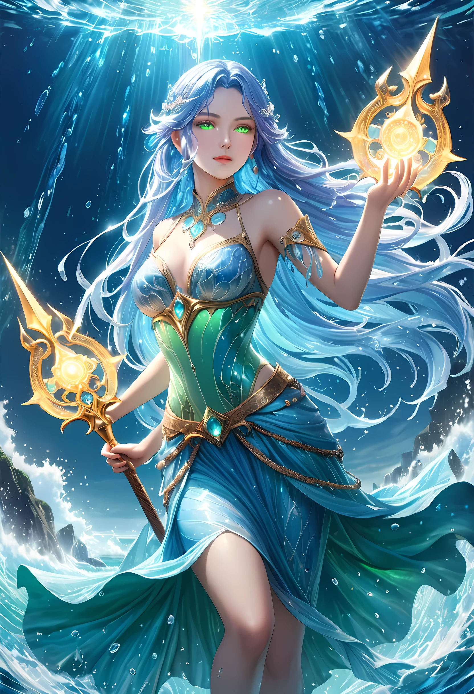 high details, best quality, 8k, [ultra detailed], masterpiece, best quality, (extremely detailed), full body, ultra wide shot, photorealistic, fantasy art, dnd art, rpg art, realistic art, an ultra wide picture of a female human (1.5 intricate details, Masterpiece, best quality) goddess of water  ((watery radiant aura)), controlling a swirling streams of watery magic (1.5 intricate details, Masterpiece, best quality), manipulating purple radiant magical symbols, [[divine symbols]] (1.5 intricate details, Masterpiece, best quality), human female, blue  hair, long hair with aura, hair with green radiant eyes, intense eyes, holding a trident, ((radiant eyes)), (( green glowing eyes)), dynamic clothing, fantasy sea background, stresms of sea water,  celestial  background, ((divine worship atmosphere)), high details, best quality, highres, ultra wide angle, crystalline dress, faize