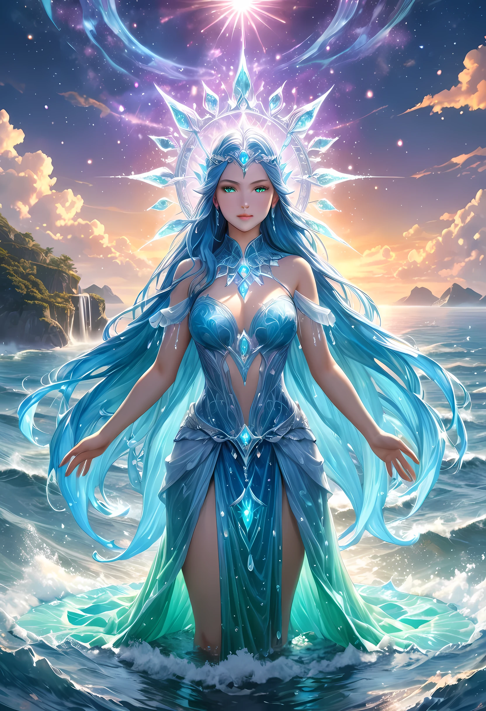 high details, best quality, 8k, [ultra detailed], masterpiece, best quality, (extremely detailed), full body, ultra wide shot, photorealistic, fantasy art, dnd art, rpg art, realistic art, an ultra wide picture of a female human (1.5 intricate details, Masterpiece, best quality) goddess of water  ((watery radiant aura)), controlling a swirling streams of watery magic (1.5 intricate details, Masterpiece, best quality), manipulating purple radiant magical symbols, [[divine symbols]] (1.5 intricate details, Masterpiece, best quality), human female, blue  hair, long hair with aura, hair with green radiant eyes, intense eyes, holding a trident, ((radiant eyes)), (( green glowing eyes)), dynamic clothing, fantasy sea background, stresms of sea water,  celestial  background, ((divine worship atmosphere)), high details, best quality, highres, ultra wide angle, crystalline dress, faize