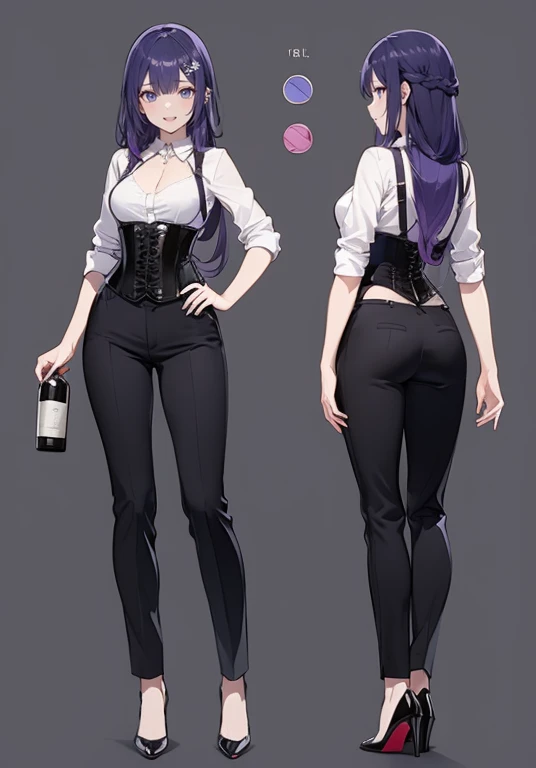 Purple hair,long hair,Adult female,(bartender),((Body Harness)),((Roll up your shirt sleeves)),(corset),(slacks),(High heels),((Simple Background)),smile,((whole body)),((full body)),Character Sheet,