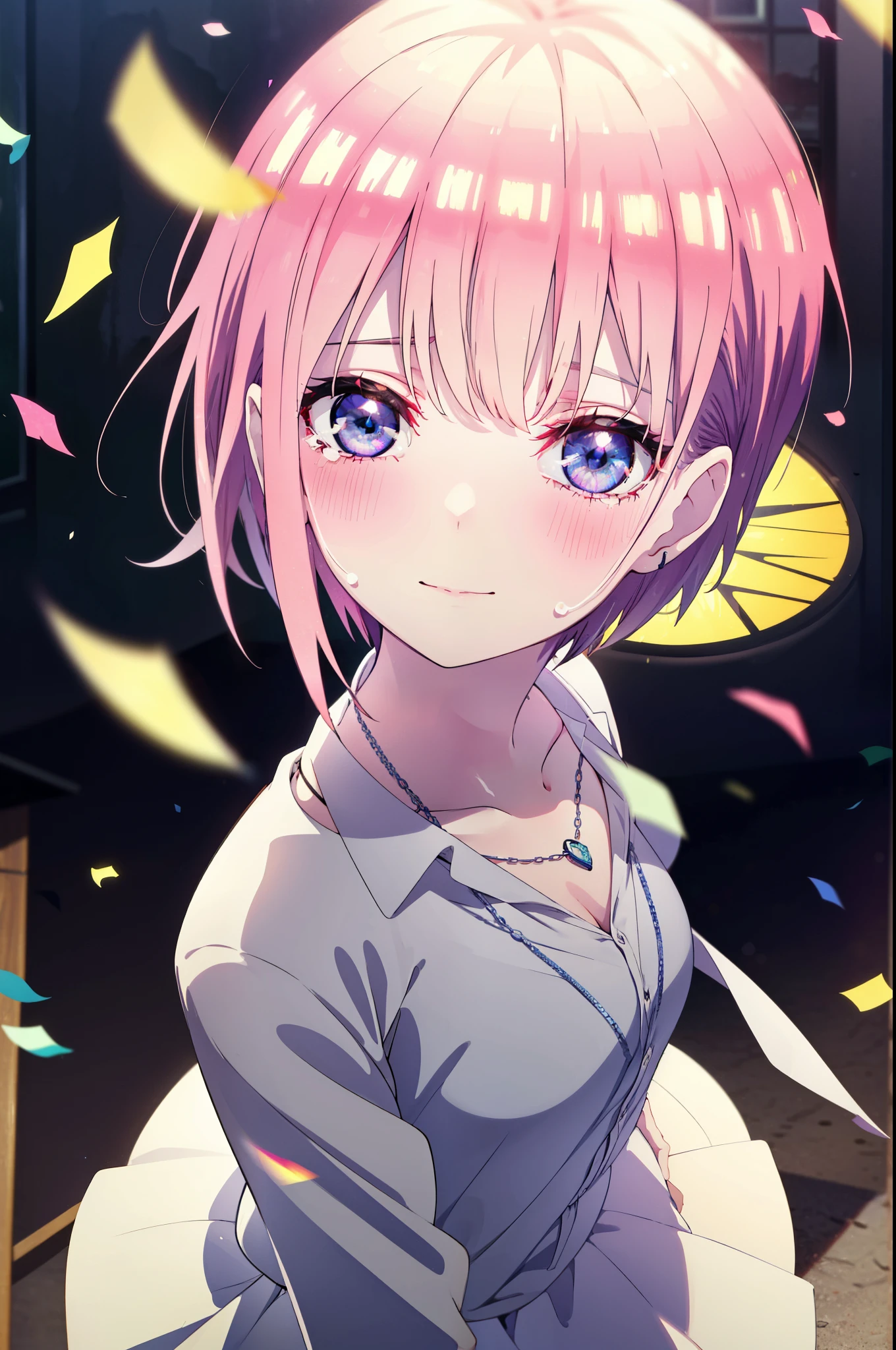 ichikanakano, ichika nakano, short hair, bangs, blue eyes, Hair between the eyes, smile,Pink Hair,,smile,blush,白色No sleeveドレス,Long skirt,White stiletto heels,No sleeve,naked,nakedの腕,nakedの首,nakedの鎖骨,holding a large bouquet of flowers in each hand,Locket Necklace,Confetti,There is a birthday cake on the table,Tears stream down her face,Sad and crying,Cry a lot,
break indoors, on stage,venue,
break looking at viewer, (Cowboy Shot:1.5),
break (masterpiece:1.2), highest quality, High resolution, unity 8k wallpaper, (shape:0.8), (Beautiful details:1.6), Highly detailed face, Perfect lighting, Highly detailed CG, (Perfect hands, Perfect Anatomy),
