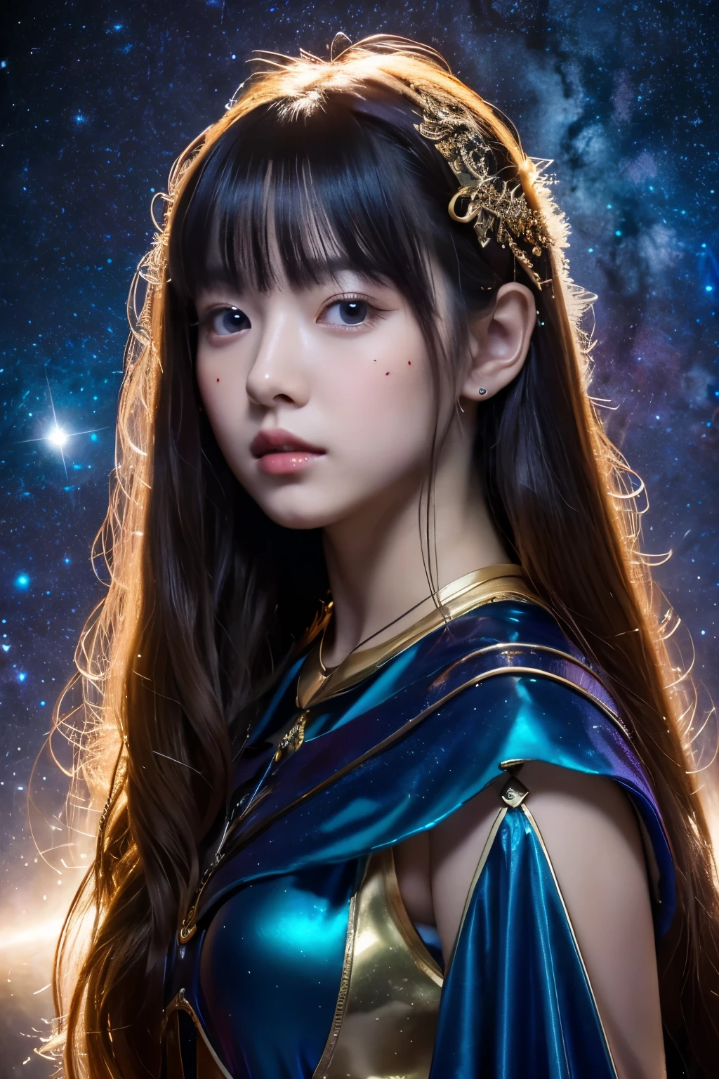 Studio Photo, Girl16age、Beautiful strange fantasy images, Space、Milky Way, beautiful, detailed, long flowing hair, Medium chest, Great skin texture,Space、Show whole body
