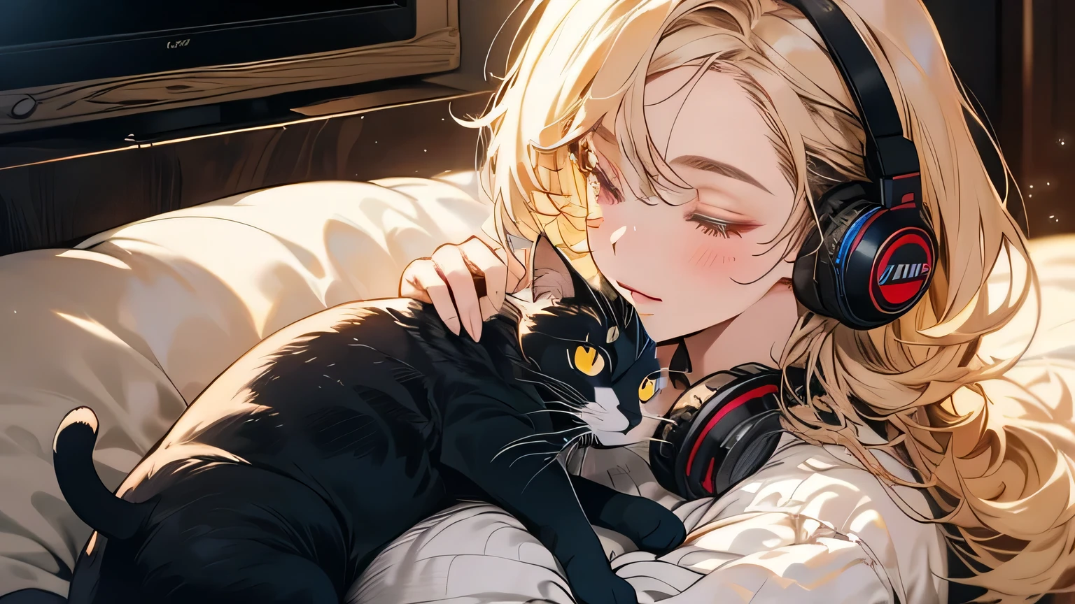 wideshot,old cartoon,in the room, woman listening to music,1 headphones,very detailed, supreme detail,lo-fi hip-hop,anime texture,solo,picture,gaze out at the outside,ultra-detailed,(best quality,4k,8k,highres,masterpiece:1.2),realistic,photorealistic:1.37,cell-shaded style,pastel color palette,soft lighting, landscape, study, with sleeping cat
