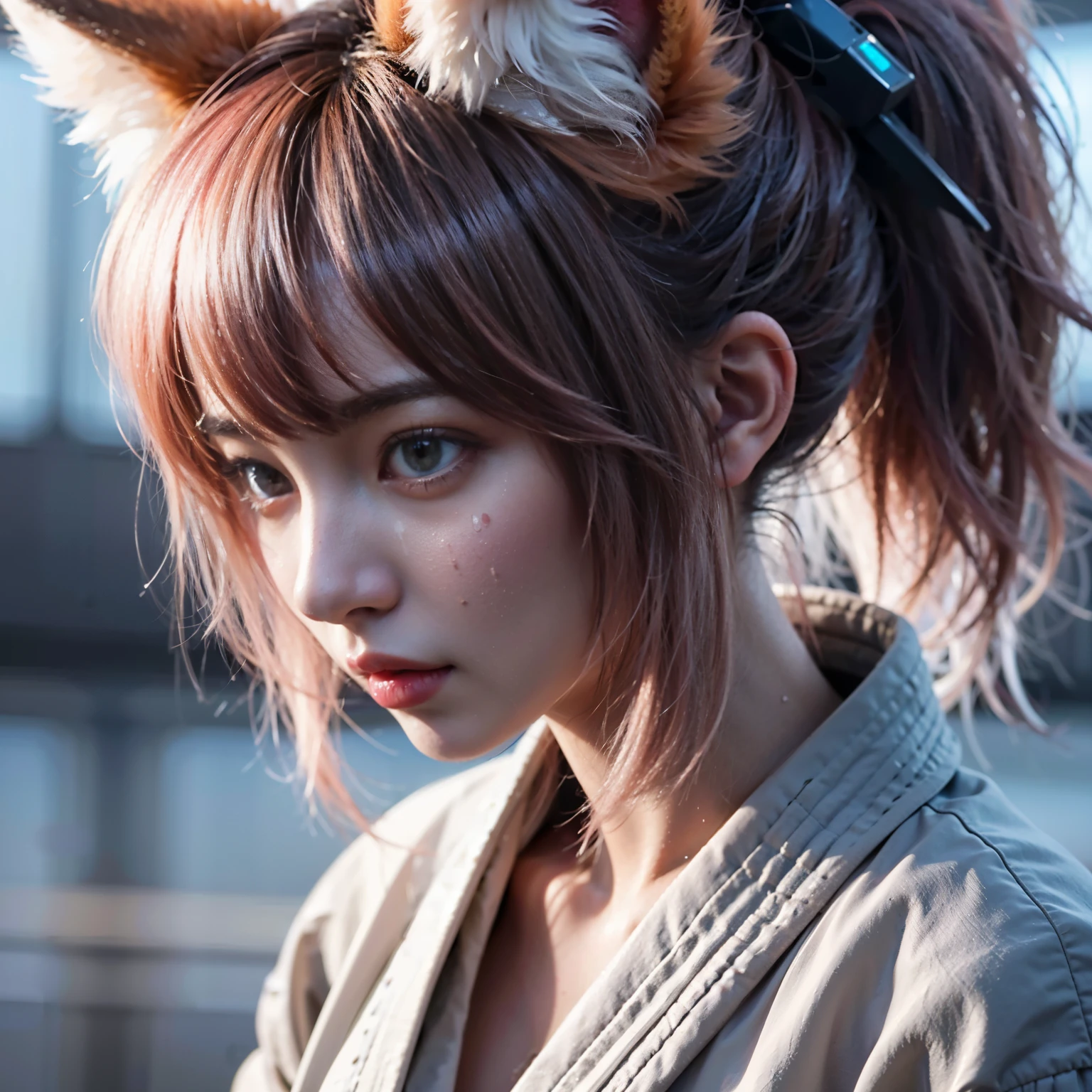 karate, ,( cry), Portrait of a person, Fantasy art, (cyber punk), A girl with fox ears and a fox tail,, Natural light, masterpiece, 1 beautiful girl, Detailed eyes, Swollen eyes, highest quality, A High resolution, Asian Beauties, Very very beautiful, Beautiful skins, Slender, Forward-facing body, (Surreal), (High resolution), (4K), (Very detailed),( Best illustrations), (Beautiful and detailed eyes), (Very detailed), Detailed face, Bright lighting, Professional Lighting, Vision, (lanthanum), ((warrior)),((Long Hair)),((cry)),((Colorful Hair)),((Red color splash)),One girl, (Short pigtails),Colorful Hair,flight, Short skirt,Pink ribbon,((16 year old female model)) ,Psychopath horror, Bloodstained、Drops of blood,( Stand neck long sleeve black jacket),(battlefield),( Dark Sky)