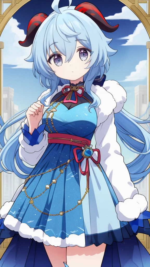 1 girl, solo, Ganyu (Genshin), chest, horns, long hair, blue hair, ahoge, looking at camera, holding, blushing, bangs, absolute territory, purple eyes, medium breasts, goat horns,, very long hair , standing, closed mouth, , side lock, cowboy shot, fluffy, red eyes, hair between the eyes, (colorful cloud background blur) 1.2, fluffy, soft, ((best quality)), ( Highly detailed, top details, official art, beauty, aesthetics: 1.2), ((Cute blue idol dress costume:1.6)),