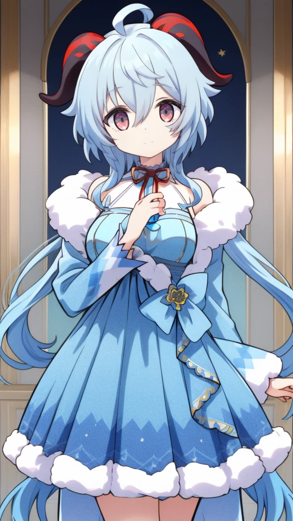 1 girl, solo, Ganyu (Genshin), chest, horns, long hair, blue hair, ahoge, looking at camera, holding, blushing, bangs, absolute territory, purple eyes, medium breasts, goat horns,, very long hair , standing, closed mouth, , side lock, cowboy shot, fluffy, red eyes, hair between the eyes, (colorful cloud background blur) 1.2, fluffy, soft, ((best quality)), ( Highly detailed, top details, official art, beauty, aesthetics: 1.2), ((Cute blue idol dress costume:1.6)),