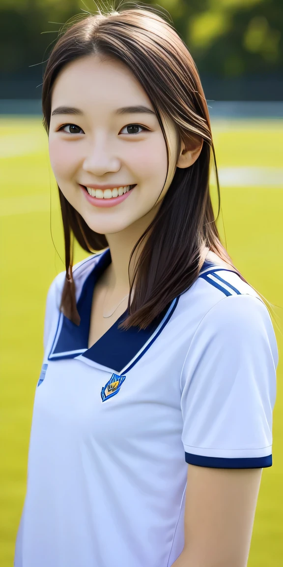 neat college girl, person, (school uniform, summer clothes, short sleeves), outside the athletic field, (slim, small, flat, small), photorealistic, detail, skin texture, ultra detail, delicate and sexy collarbone, smile, super detailed face, detailed lips, detailed eyes, double eyelids