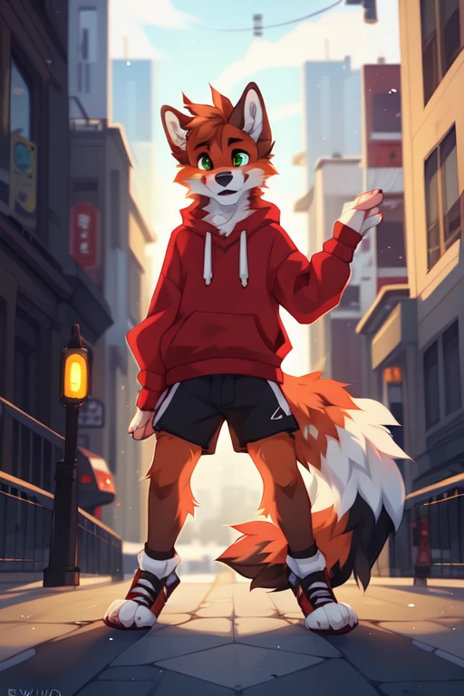 solo，Male，orange fox，Brown limbs，Brown paws and ears，Green eyes，Red sweatshirt with grey sleeves，Energetic youth，On the streets of the city, ((by keihound, by reysi)), by Zackary911, by hyattlen, by fumiko, by fluff-kevlar, Furry, Anthro