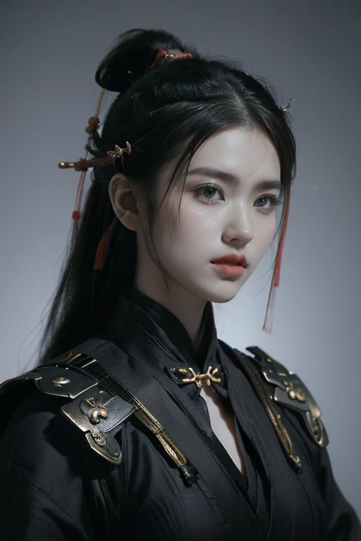 Game art，The best picture quality，Highest resolution，8K，(A bust photograph)，(Portrait from bust:1.5)，(Head close-up)，(Rule of thirds)，Unreal Engine 5 rendering works， (The Girl of the Future)，(Female Warrior)， 
20-year-old girl，(The warrior in ancient China)，(Short ponytail hairstyle)，An eye rich in detail，(Big breasts)，Elegant and noble，indifferent，(Smile)，
(The costume of Chinese swordsman elements，Costumes of ancient Chinese characters，A random pattern of clothing，Ribbon，Joint Armor，Rich dress details)，(Chinese Hanfu:1.3)，figure，Fantasy style，
Photo poses，Field background，Movie lights，Ray tracing，Game CG，((3D Unreal Engine))，oc rendering reflection pattern