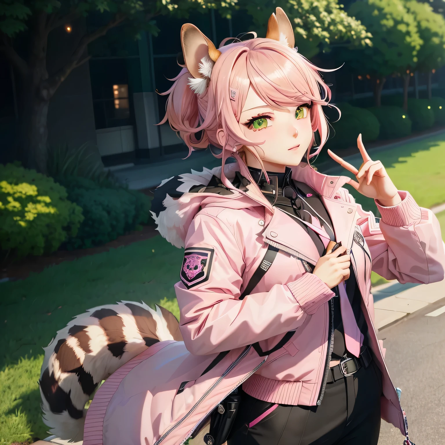 anime boy with pink jacket and squirrel ears holding a cell phone, green eyes, key anime art, key anime visuals, best anime 4k konachan wallpaper, digital art from danganronpa, handsome anime pose, fine details. girls frontline, chiaki nanami from danganronpa, detailed key anime art, detailed anime character art, smooth anime cg art, not human ears, with one squirrel tail