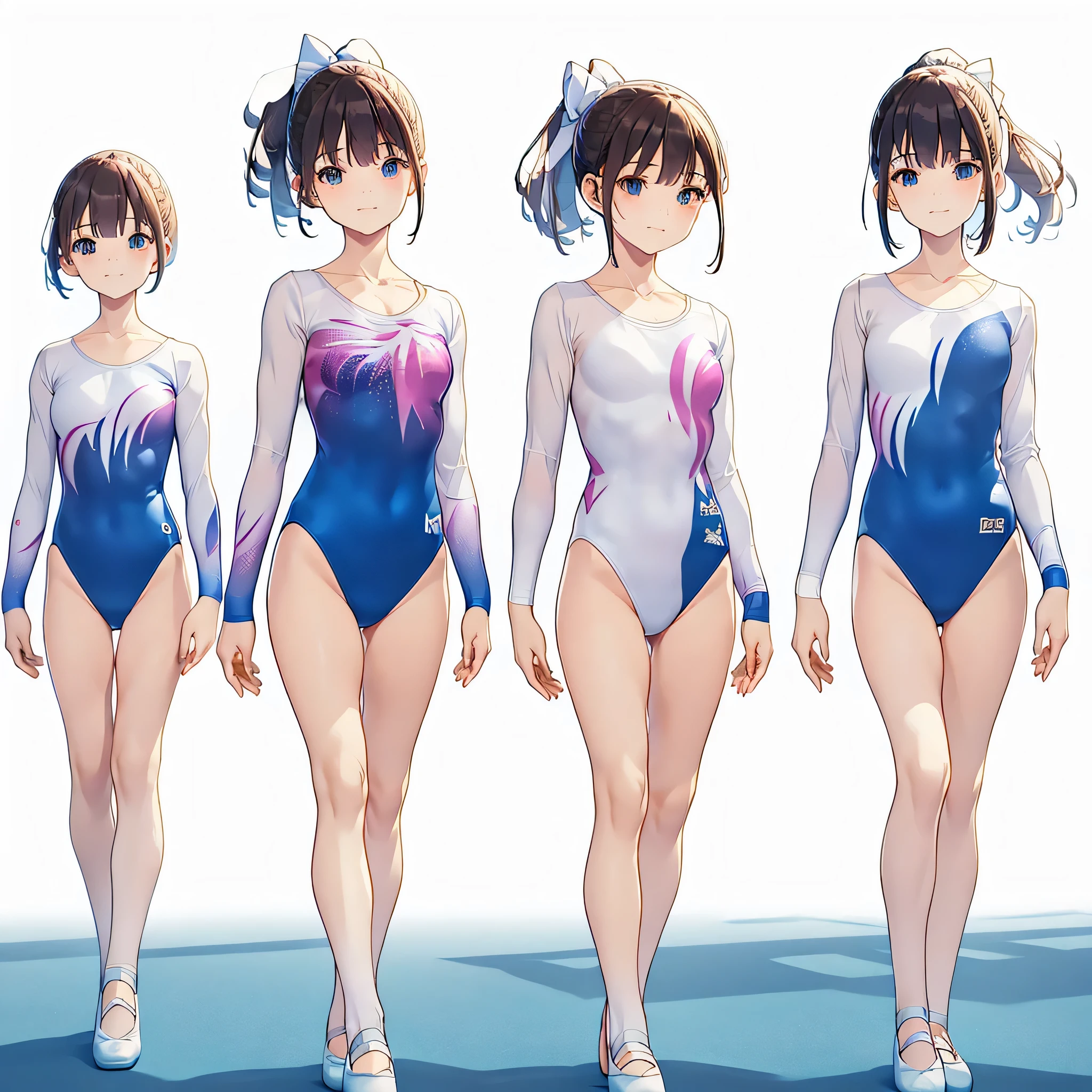 Gymnastics club,(4 girls:1.3),(long sleeves leotard:1.3),(solid leotard:1.3),(white leotard),full body, pony tail, blue ribbon, long hair,(body suit:1.2),(over ************, under 19 years old:1.2), ballet shoes, white background