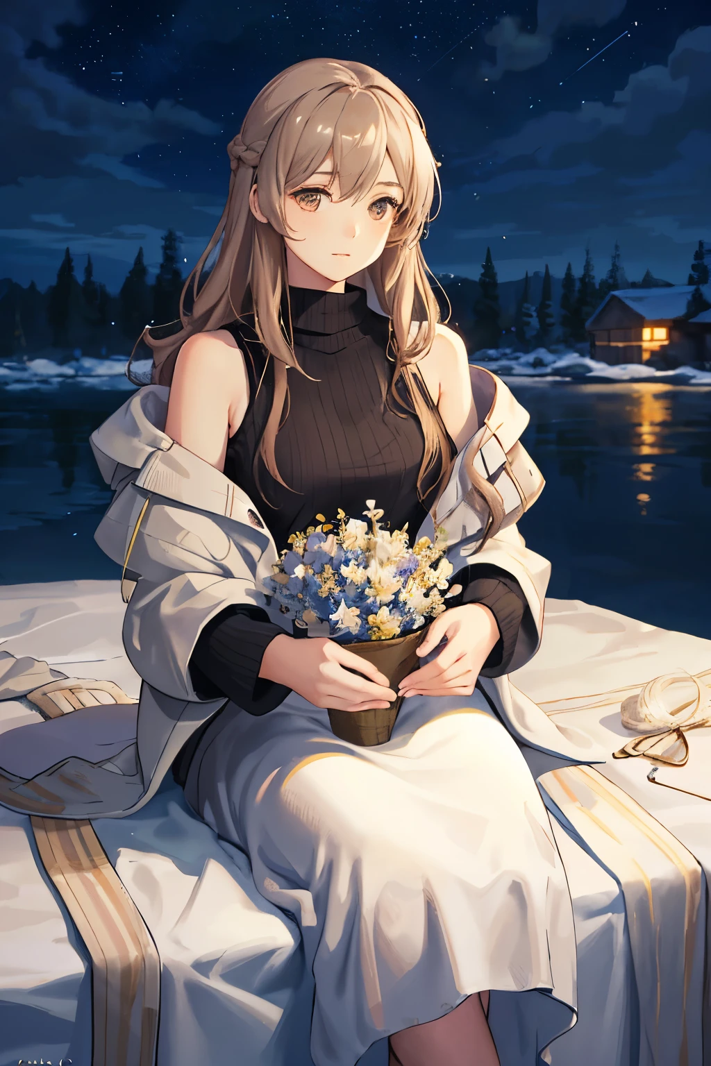 Beautiful young woman,with slender figure and serene expression,long wavy brown hair cascading over her shoulders,wearing a cozy sweater and jacket, peacefully sitting in the moonlit, mid night scene. The open sky above is adorned with a myriad of stars twinkling in the inky blackness, while soft, white clouds drift lazily by. The atmosphere is tranquil and calming, with a gentle breeze rustling the woman's hair and carrying the sweet scent of night-blooming flowers. The rendering is ultra-detailed, realistic, and masterpiece-quality, with HDR lighting accentuating the depth and richness of the scene. The colors