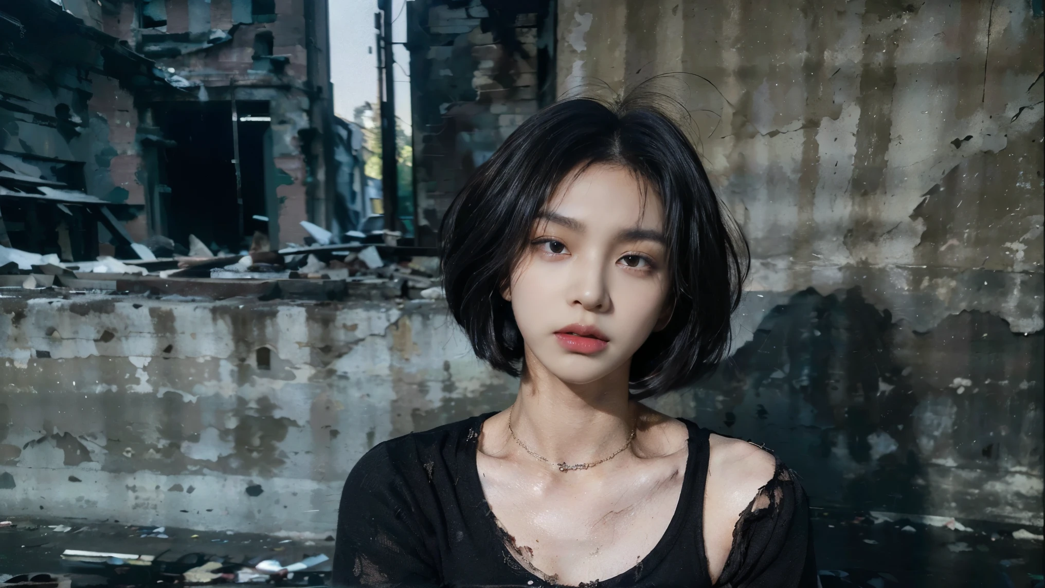 Realistic photos, 8k,(((Bob cut ladyboy,transgender,otokonoko))),(((In the filthy ruins,Being held captive,A message is posted,Crouching,Homeless,Begging,Pale face,It is dirty,Bad smell,dirty,odor,Homeless,Depraved,Handsome young Korean ladyboy with bob cut))),(((Very big eyes,Glaring at the camera,Angry face,looking at the camera,Frowning))),Chest is male,18-year-old,(Ultra-realistic), (figure), (High resolution), (8k), (Very detailed), (Best figure), (Beautiful fine details), (highest quality), (Super detailed), (masterpiece), (wallpaper), (Detailed face), ((whole body,Flat Chest,Very muscular,fitness muscle)),alone,Black hair bob cut,(((A girl with makeup on her face,The body is a perfect man))), Dirty tracksuits,Training pants,Transgender,Korean,kpop,Muscular male chest