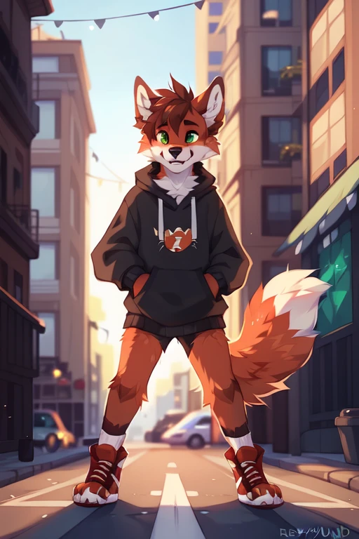 solo,Male,orange fox,Brown limbs,Brown paws and ears,Green eyes,Red sweatshirt with grey sleeves,Energetic youth,On the streets of the city,footwear, ((by keihound, by reysi)), by Zackary911, by hyattlen, by fumiko, by fluff-kevlar, Furry, Anthro