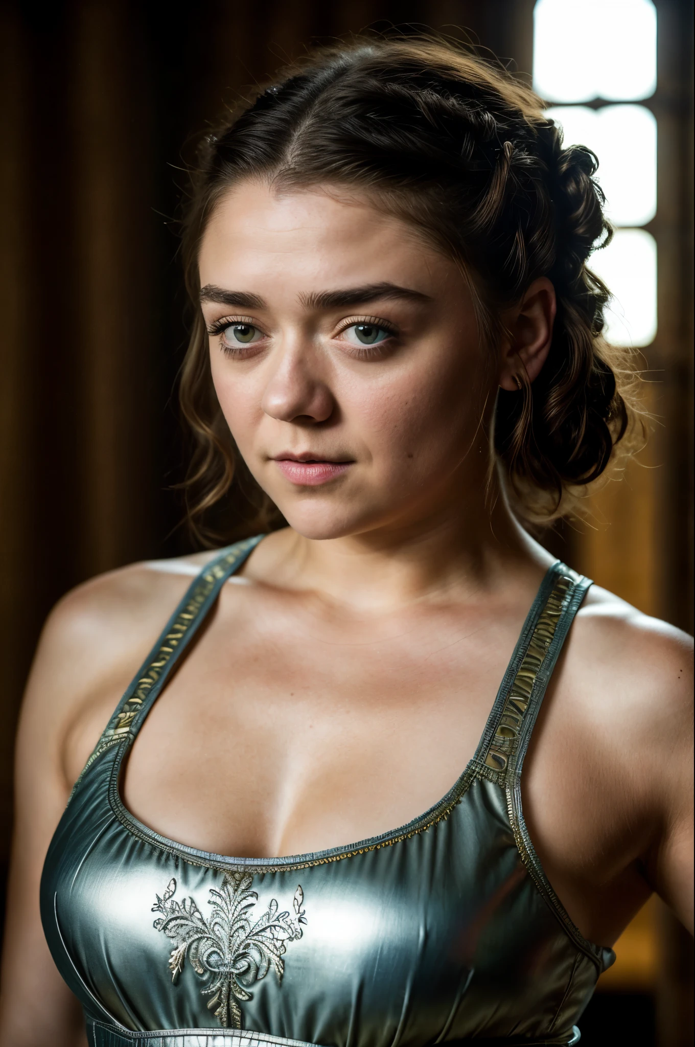 Foto RAW, Arya Stark, Extremely gorgeous lady, Arya Stark PLAYED BY MAISIE WILLIAMS, Queen Arya Stark, she is a mature woman now, milf, pierced eyes, sexy mediaeval battle dress, gladiator woman, body, 45 years old Woman, body revealing costumes, perky breast, big natural breast, erotic costumes, lusty physique, seductive figure can capture every people's attention, Game of thrones costumes, revealing captivating figure, Mediaeval costumes, revealing clothes, A tomboy, she would rather fence than dance, warrior queen , game of thrones screen caps, Game of Thrones Series, (pele altamente detalhada: 1.2), 8k UHD, DSLR, soft-lighting, alta qualidade, grain of film, Fujifilm XT3, flawless picture, highly detailed, detailed Beauty, intricate, 32k, sharp picture, detailed armpits, armpits hair, arms up, arms wide open, sweaty body, sweat, armpits fetish, best picture for armpits lovers, 