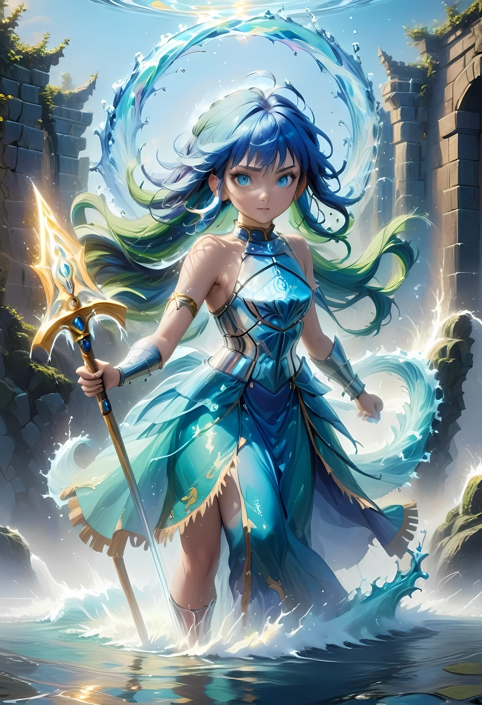 high details, best quality, 8k, [ultra detailed], masterpiece, best quality, (extremely detailed), full body, ultra wide shot, photorealistic, fantasy art, dnd art, rpg art, realistic art, an ultra wide picture of a female human (1.5 intricate details, Masterpiece, best quality) goddess of water  ((watery radiant aura)), controlling a swirling streams of watery magic (1.5 intricate details, Masterpiece, best quality), manipulating purple radiant magical symbols, [[divine symbols]] (1.5 intricate details, Masterpiece, best quality), human female, blue  hair, long hair with aura, hair with green radiant eyes, intense eyes, holding a trident, ((radiant eyes)), (( green glowing eyes)), dynamic clothing, fantasy sea background, stresms of sea water,  celestial  background, ((divine worship atmosphere)), high details, best quality, highres, ultra wide angle, ArmoredDress, faize