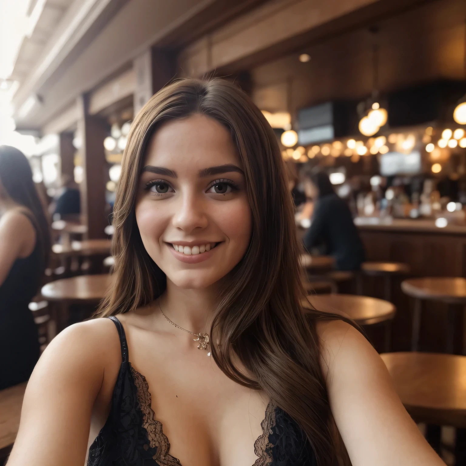 Fille de 25 ans dans un pub (selfie), 35mm, F/2.8, nue, insanely detailed and intricate, Personnage, elegant, ornate, beau, exotique, developer, attirant, attractif, souriant, hyper realistic, super detailed, peau claire