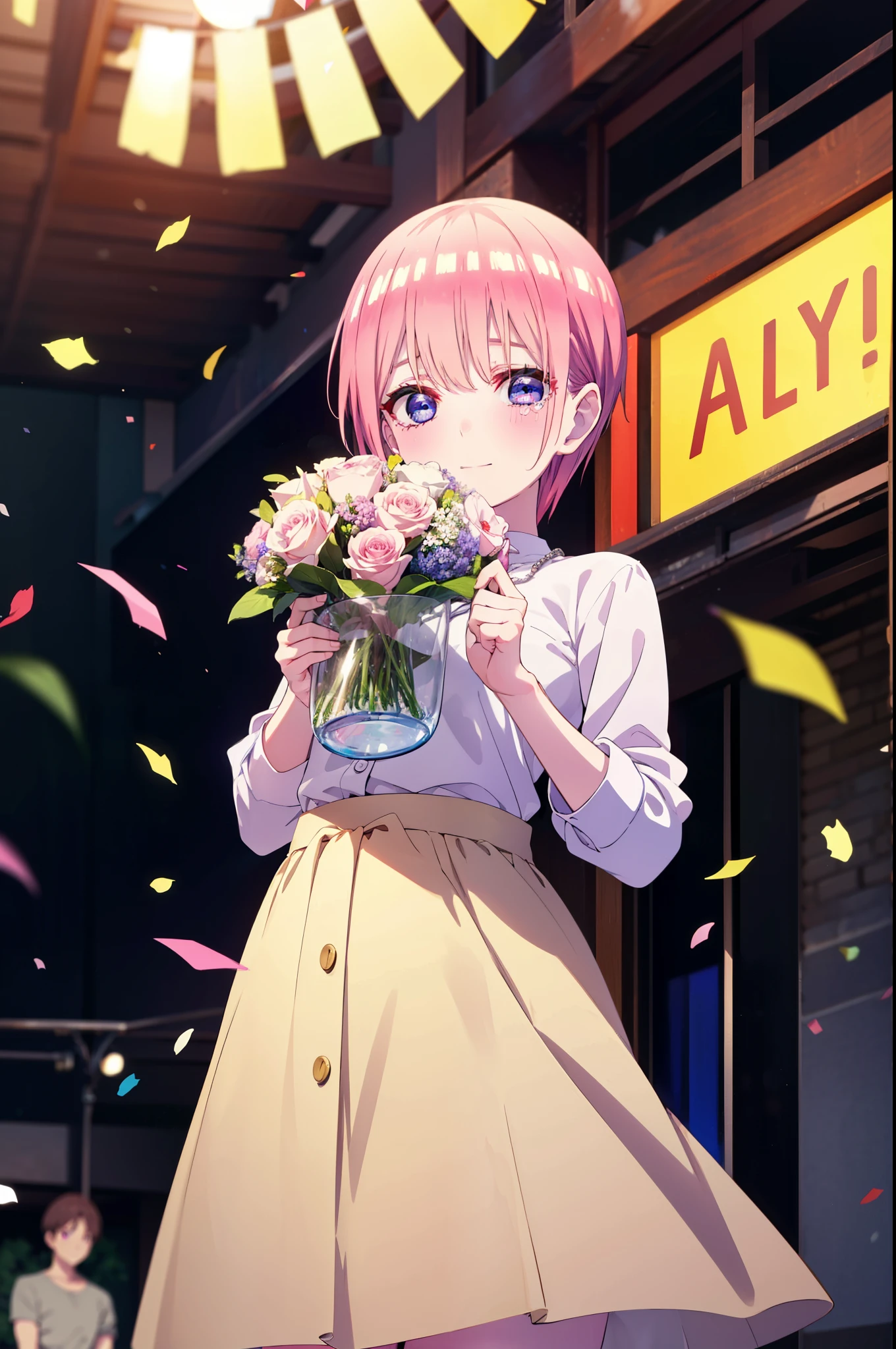 ichikanakano, ichika nakano, short hair, bangs, blue eyes, Hair between the eyes, smile,Pink Hair,,smile,blush,白色No sleeveドレス,Long skirt,White stiletto heels,No sleeve,naked,nakedの腕,nakedの首,nakedの鎖骨,holding a large bouquet of flowers in each hand,Locket Necklace,Confetti,There is a birthday cake on the table,Tears stream down her face,Sad and crying,Cry a lot,So that the whole body goes into the illustration,
break indoors, on stage,venue,
break looking at viewer, (Cowboy Shot:1.5),
break (masterpiece:1.2), highest quality, High resolution, unity 8k wallpaper, (shape:0.8), (Beautiful details:1.6), Highly detailed face, Perfect lighting, Highly detailed CG, (Perfect hands, Perfect Anatomy),